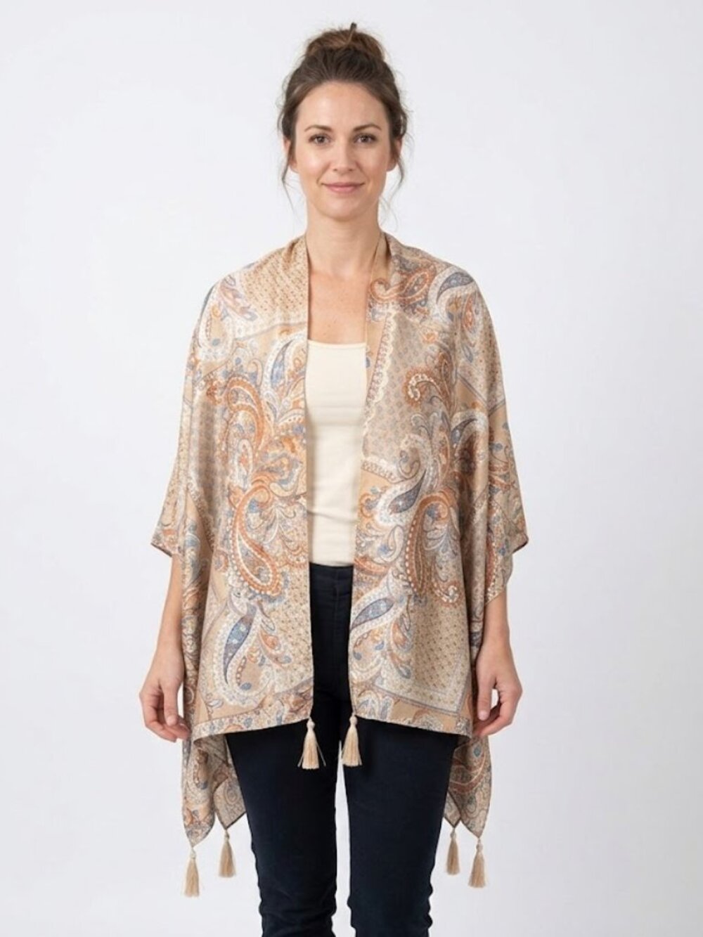 NEW Simply Noelle Khaki Paisley Tassel Kimono Wide Sleeve Open Front Wrap Shawl